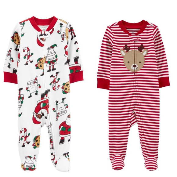 Baby Carter's Christmas Sleepers- Milk n Cookies Striped Reindeer Size 3 mo NWT - Picture 1 of 8